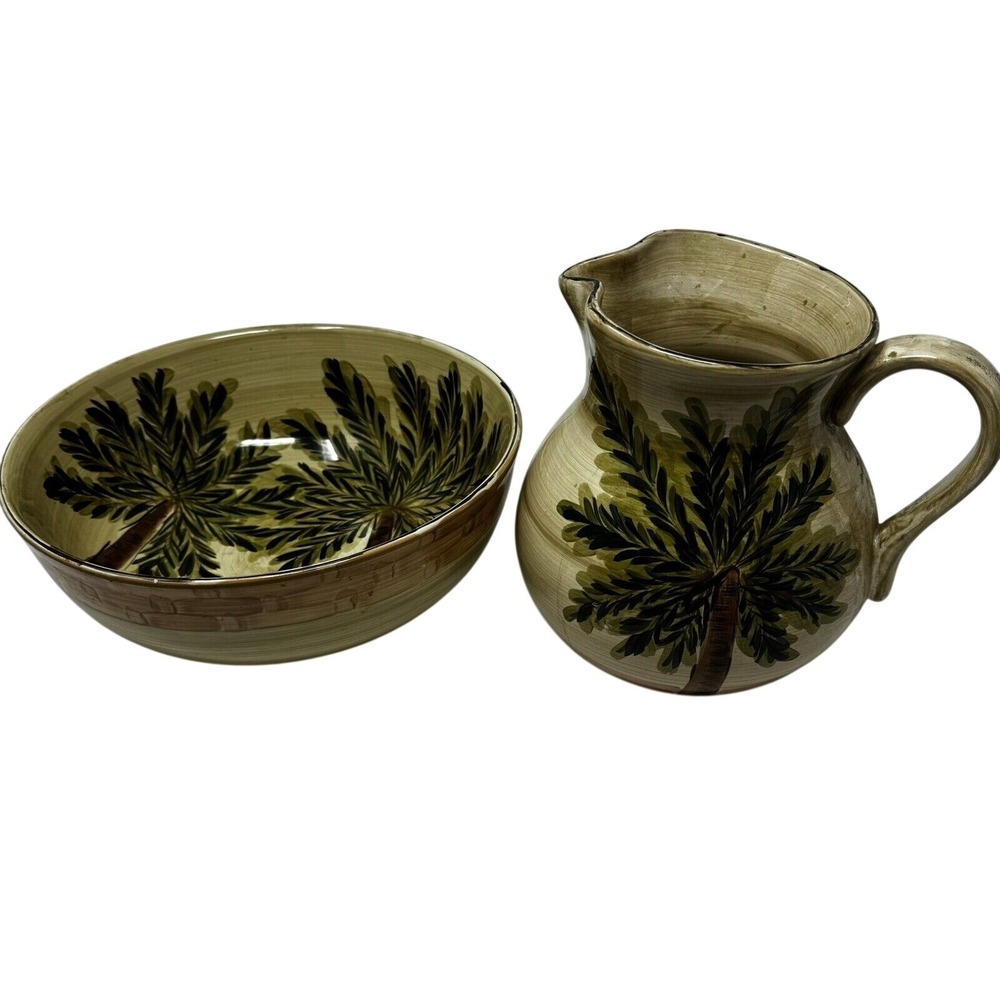 Emerald Bay Tabletops Unlimited Palm‎ Tree Ceramic Pitcher/Bowl Set Hand Painted